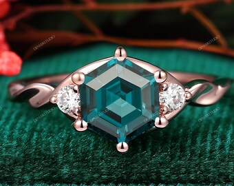 Green Blue Sapphire Engagement Ring Rose Gold Bridal Ring, Antique Twist Band Hexagon Cut Teal Sapphire Stacking Promise Ring, Womens Ring