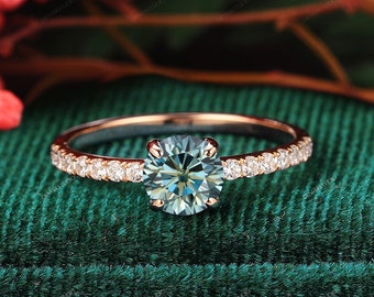 Gold Ring For Women, Moissanite Wedding Rings, Half Eternity Blue Moissanite Ring,Blue Gemstone Engagement Ring For Her,Vintage Ladies' Ring