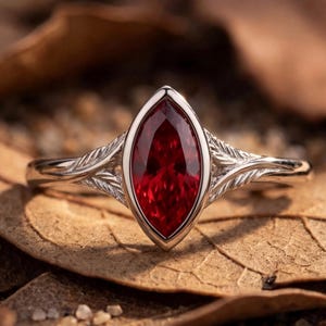 Natural Twig Leaf Marquise Cut Ruby July Birthstone Promise Wedding Ring Ruby Anniversary Ring