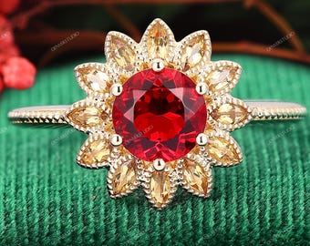 Floral Ruby Engagement Ring, 14k Gold Halo, Crystal Bridal Ring