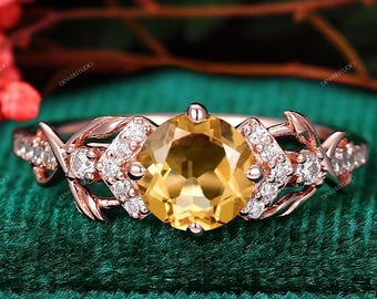 Natural Citrine Promise Ring, Rose Gold Vine Twist Yellow Citrine Engagement Ring, Nature Inspired Leaf & Flower Wedding Anniversary Jewelry