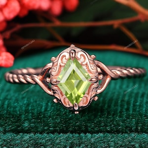 Green Peridot Engagement Ring Unique August Birthstone, Art Deco Twist Shank Ring Rose Gold, Rhombus Cut Peridot Anniversary Ring Gift Women