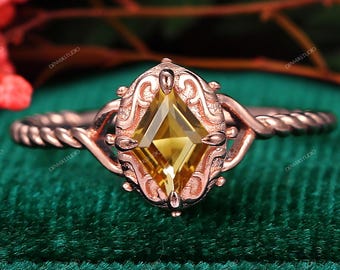 Natural Citrine Engagement Ring Unique Rope Twist Band Rose Gold Yellow Crystal Engagement Ring Wedding Bridal Anniversary Ring Gift Women