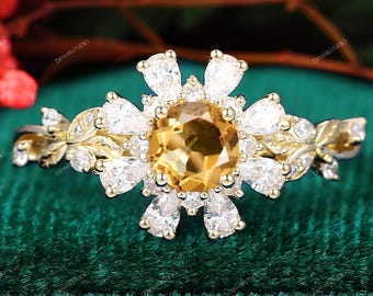 Floral citrine engagement ring Round cut yellow natural citrine Bridal ring anniversary ring gift for women Yellow gold Crystal wedding ring