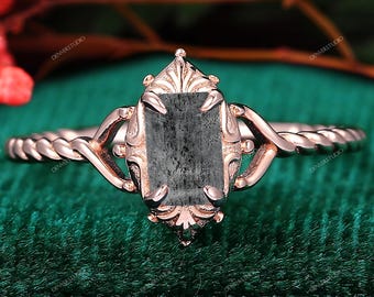 Split Band Salt Pepper Diamond Gemstone Anniversary Ring Gift Women Wedding Bridal Jewelry Vintage 4x6mm Emerald Cut Herkimer Diamond Ring