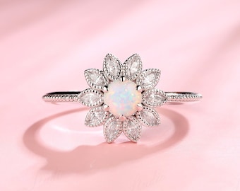 Sunflower Shaped Cabochon Round Pink White Opal Wedding Ring Rose Gold, Opal Bridal Proposal Ring, Gemstone Jewelry, Opal Engagement Ring