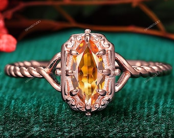 Citrine Engagement Ring Gift for Women Vintage Marquise Cut Natural Yellow Citrine Gemstone Birthstone Wedding Bridal  Anniversary Ring Gift