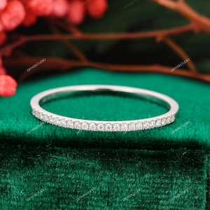 Rose Gold Wedding Band, Dainty Matching Anniversary Ring, Diamond Ring Vintage Moissanite Ring Art Deco Bridal Half Eternity Stacking Band