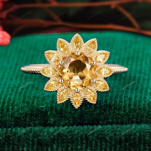 Sunflower Citrine Ring, 14K Rose Gold Vermeil, November Birthstone