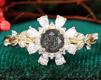 Unique Floral Style Round Cut 5MM Natural Herkimer Diamond Anniversary Gift for Lover, Yellow Gold Salt Pepper Diamond Wedding Promise Ring