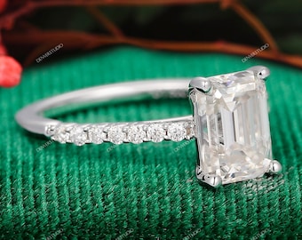 14k Solid Gold Dainty Moissanite Diamond Engagement Ring 4 Prong Half Eternity 1.5 CT Emerald Cut Moissanite Wedding Anniversary Ring Her