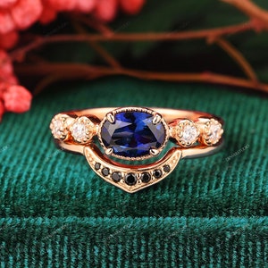 Blue Sapphire Bridal Sets, Sapphire Promise Ring Set, 5x7mm Oval Cut Blue Sapphire Engagement Rings, Vintage Sapphire Blue Gemstone Ring Set