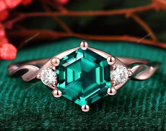 Art Deco Prong Set Hexagon Cut Emerald Engagement Ring May Birthstone Green Gemstone Bridal Ring Jewelry Gift For Her Cluster Promise Ring