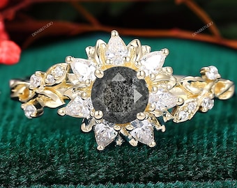 Natural Herkimer Diamond Anniversary Ring Natural Inspired Salt Pepper Diamond Healing Gemstone Promise Engagement Ring Christmas Gift Her