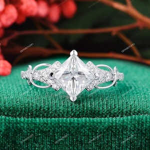 Princess Cut Moissanite Engagement Ring, Twist Promise Ring Anniversary Gift, Unique Solid Gold Moissanite Ring Dainty Diamond Bridal Ring