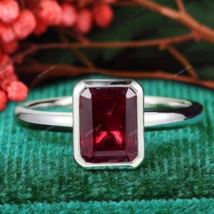 Vintage Emerald Cut Ruby Ring, White Gold July Birthstone Solitaire Wedding Bridal Anniversary Gift