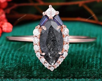 Unique Halo Natural Herkimer Diamond Engagement Ring Rose Gold Women Jewelry, Antique Marquise Cut Black and White Diamond Ring Wedding Ring