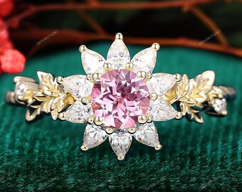 Unique Twig Yellow Gold Promise Ring Pink Sapphire Engagement Ring, Sep Birthstone Gemstone Wedding Bridal Ring Anniversary Gift for Women