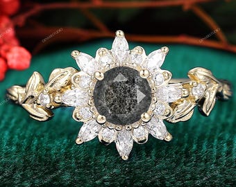 Halo Cluster Natural Insipred Black Crystal Diamond Bridal Ring, Womens Salt Pepper Diamond Gemstone Quartz Engagement Ring Yellow Gold Ring