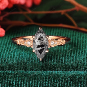Natürlicher Herkimer Diamant Ring, Grauer Edelstein Damenring,Art Deco 5 x 10 mm 1.0ct Marquise Cut Roher Salz Pfeffer Herkimer Diamant Ring
