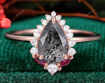 Antique 6x9mm 1.5CT Pear Cut Salt And Pepper Diamond Ring, S925 Sterling Silver Ring, Wedding Ring For Women, Herkimer Diamond Jewelry Gift