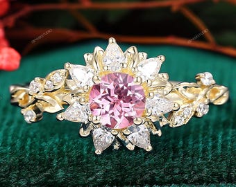 Vintage Pink Sapphire Engagement Ring Classic Leaf Style Sapphire Ring Jewelry Handmade Gift for Her Anniversary Delicate Rings for Women