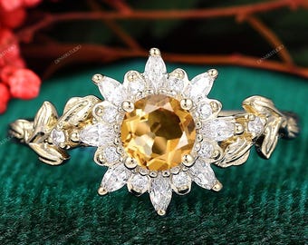 Vintage Handmade Natural Citrine Engagement Ring Yellow Gold November Birthstone Yellow Crystal Ring Halo Cluster Natural Insipred Ring Gift