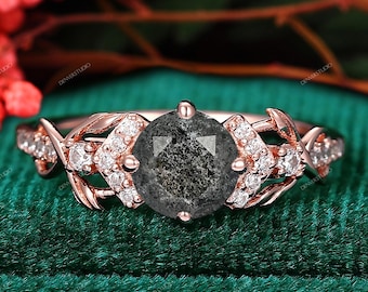 Vine Twist Salt Pepper Diamond Engagement Ring Nature Inspired Leaf Wedding Anniversary Jewelry, Natural Herkimer Diamond Engagement Ring
