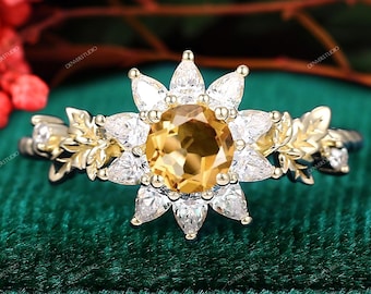 Yellow Gold Branch Wedding Ring Gift, Vintage Round Cut Natural Citrine Engagement Ring Nature Inspired Women Twig Leaf Moissanite Jewelry