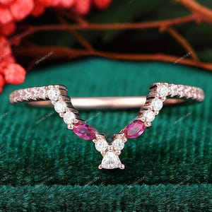 Unique ruby wedding band rose gold Curved band pave wedding ring promise bridal band cluster ring moissanite ring enhancer matching ring