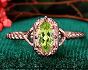 Aug Birthstone Ring Rose Gold Green Peridot Ring, Vintage Marquise Cut Peridot Wedding Ring Unique Prong Set Summer Engagement Gift Jewelry