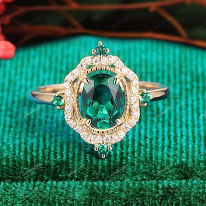 Promise Ring, Oval Emerald Engagement Ring, Wedding Ring,May Birthstone, Women&#39;s Jewelry, Half Eternity Emerald Bridal Ring, Art Deco Ring