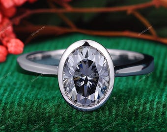 Art Deco Grey Moissanite Oval Ring, Bezel Set Solitaire Promise Engagement Anniversary Jewelry