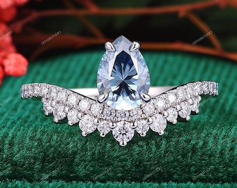 Art Deco Pear Blue Moissanite Engagement Ring White Gold Curved Tiara Proposal Ring