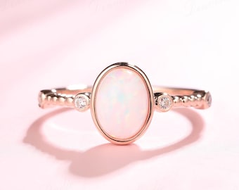 Christmas Gift, Bezel Set Pink White Opal Engagement Ring, Milgrain Band Rose Gold, Opal Wedding Ring,Anniversary,Birthstone,Thanksgiving
