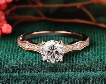 14k solid Gold Bridal Ring, Pave Set Moissanite Ring,1.0CT Round Cut Moissanite Engagement Wedding Rings,Art Deco Half Eternity Women's Ring