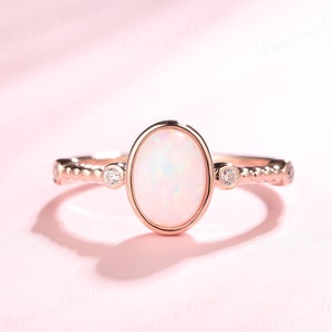 Christmas Gift, Bezel Set Pink White Opal Engagement Ring, Milgrain Band Rose Gold, Opal Wedding Ring,Anniversary,Birthstone,Thanksgiving