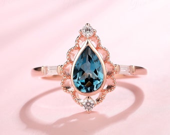 Delicate Pear Topaz Bridal Ring, Vintage Blue Topaz Ring, Natural London Blue Topaz Engagement Ring, March Birthstone Ring, Proposal Ring