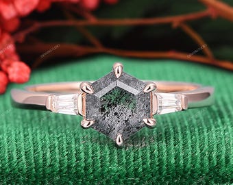 Hexagon Galaxy Salt and Pepper Diamond Ring, Art Deco Engagement, 14K Rose Gold Bridal Band