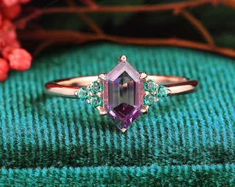 6 Prong Set Natural Amethyst Engagement Rings, February Birthstone Ring, 1.1CT Long Hexagon Cut Amethyst Wedding Ring, Purple Gemstone Rings