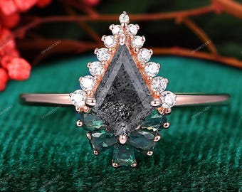 Classic Kite Cut Salt And Pepper Diamond Engagement Ring, Handmade Halo Herkimer Diamond Jewelry Gift, Rose Gold Wedding Ring For Women Her
