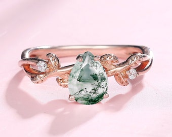 Nature Inspired Pear Moss Agate Engagement Ring, Art Deco Unique Vintage Leaf Branch Wedding Bridal Anniversary Promise Ring, Ladies Jewelry