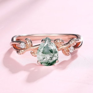 Nature Inspired Pear Moss Agate Engagement Ring, Art Deco Unique Vintage Leaf Branch Wedding Bridal Anniversary Promise Ring, Ladies Jewelry