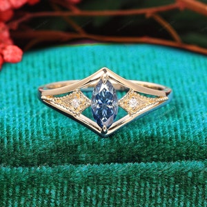 Vintage Marqiuse Cut Blue Moissanite Ladies Jewelry, Unique Tiara Lab Diamond Engagement Ring,Anniversary Gift,Rose Gold Wedding Bridal Ring