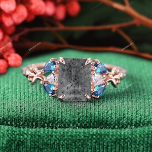 2.0CT Lab Salt and Pepper Diamond Proposal Ring Christmas Gift for Lover, Danity Leaf Style Natural Herkimer Diamond Healing Gemstone Ring