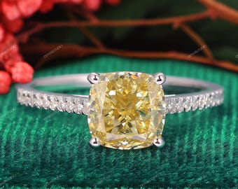 Art Deco Hidden Halo 2.0CT 7.5mm Cushion Cut Yellow Moissanite Engagement Ring, White Gold Proposal Ring, Antique Moissanite Ladies Ring