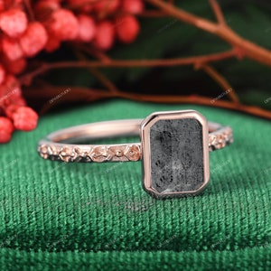 Unique Bridal Geometric Diamond Promise Ring Sterling Silver, Bezel Set 2.0CT Emerald Cut Galaxy Raw Salt and Pepper Diamond Engagement Ring