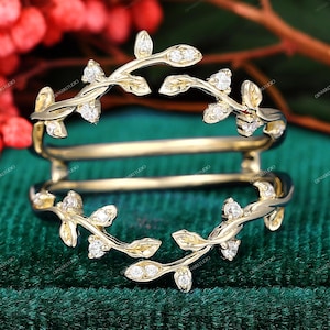 Unique Leaf Branch Stacking Matching Promise Ring, Moissanite Ring Enhancer Rose Gold Double Wedding Band Art Deco Moissanite Wedding Ring