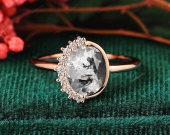 Handmade Herkimer Diamond Engagement Ring, 14k Rose Gold, Salt Pepper Crystal