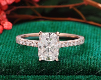 Full Eternity 6x8mm Long Cushion Cut Engagement Rings 14k/18k Rose Gold, Hidden Halo Lab Diamond Wedding Ring, Women's Daily Ring,Event Ring